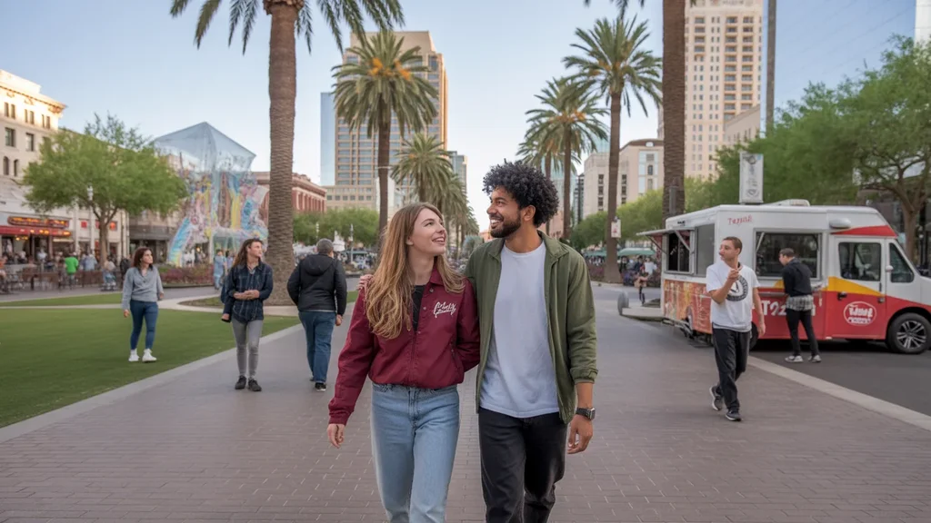 Friends walking through lively downtown Phoenix park