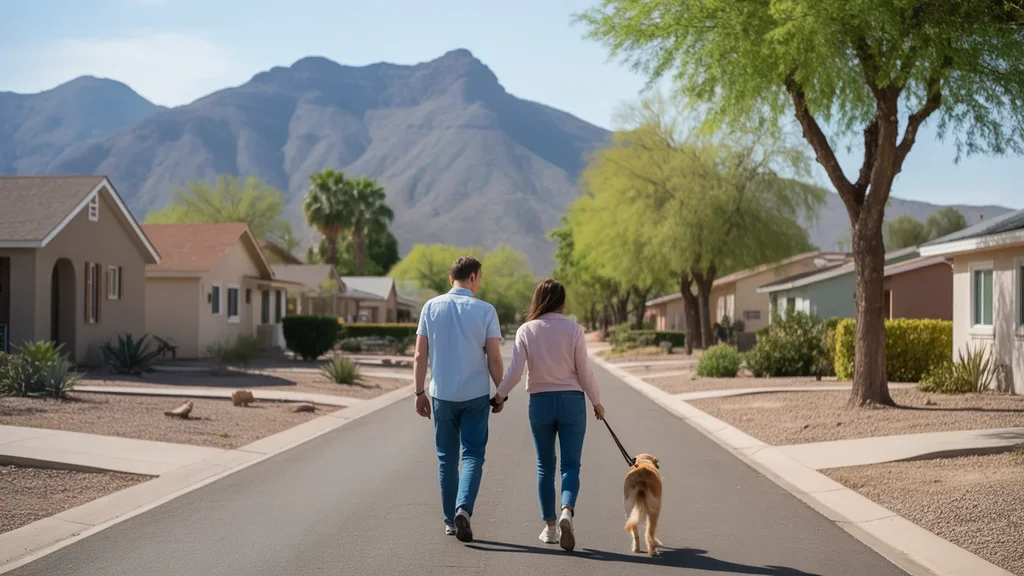A couple walks their dog through a peaceful Apache Junction neighborhood on a sunny morning