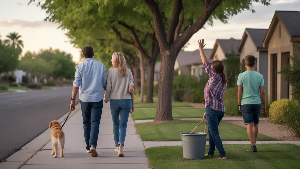 Family walking dog in nice Peoria, Arizona neighborhood