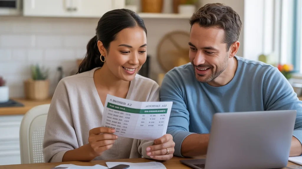 A couple happily reviews their lower living expenses after moving to Avondale, AZ