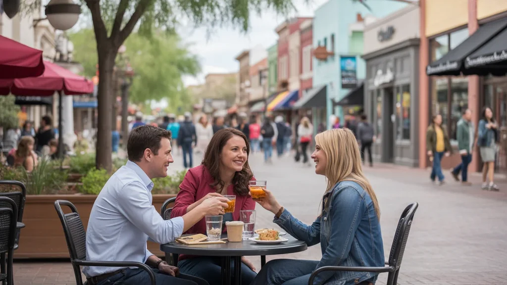 Friends having lunch at an outdoor cafe on a busy, vibrant street in downtown Chandler, AZ