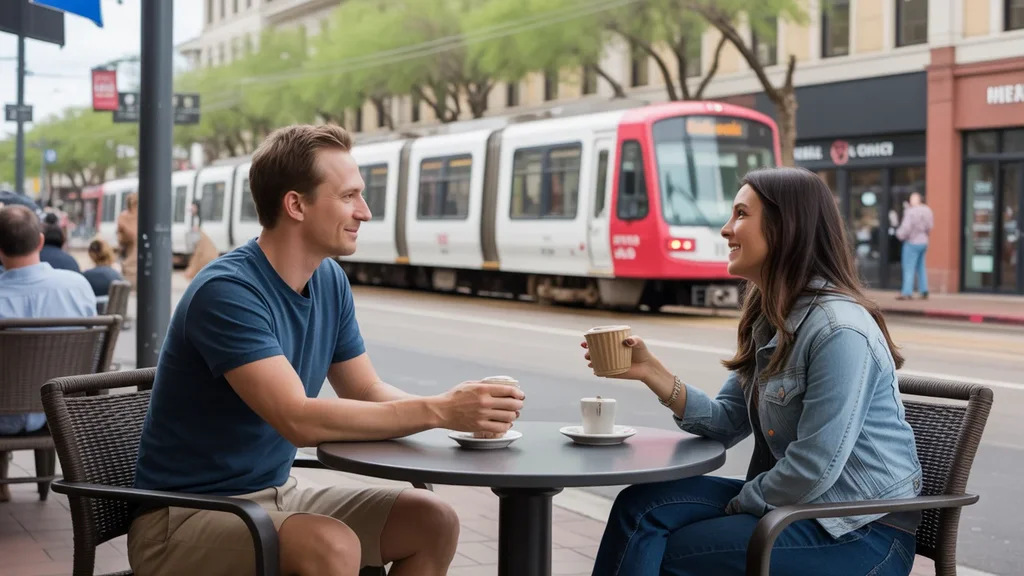 Friends having coffee on busy patio of Phoenix cafe with light rail in background