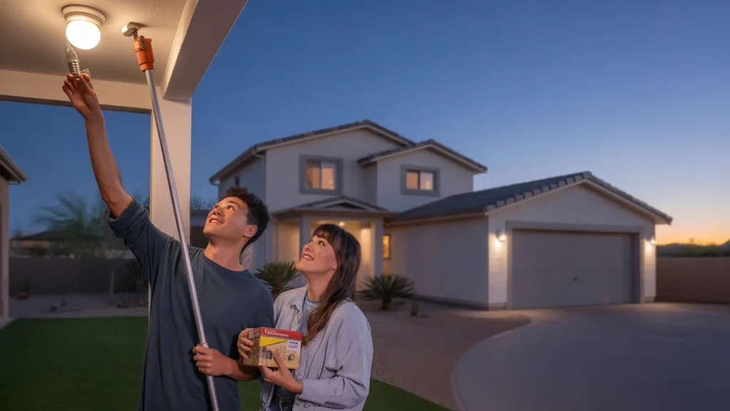 Couple changing porch light on new Chandler home at sunset
