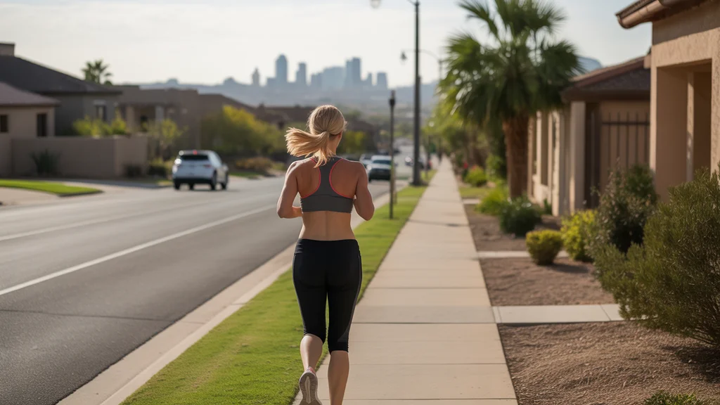 Woman pausing during a morning jog to look at the city skyline view in Chandler, AZ