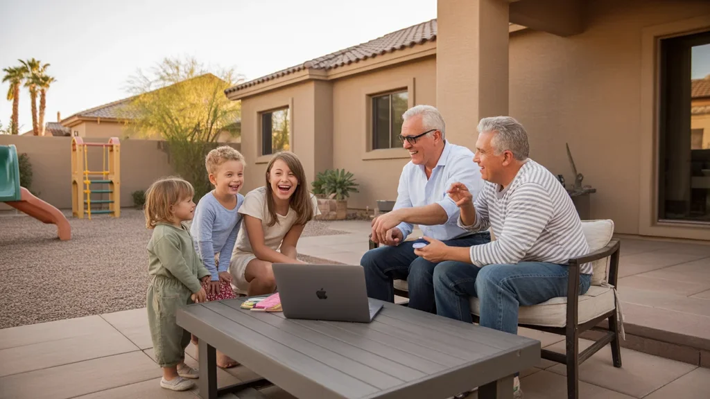 Family video chatting with relatives from the patio of their Phoenix home