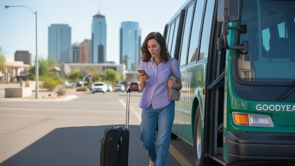 Woman arriving in Goodyear by bus, downtown in background