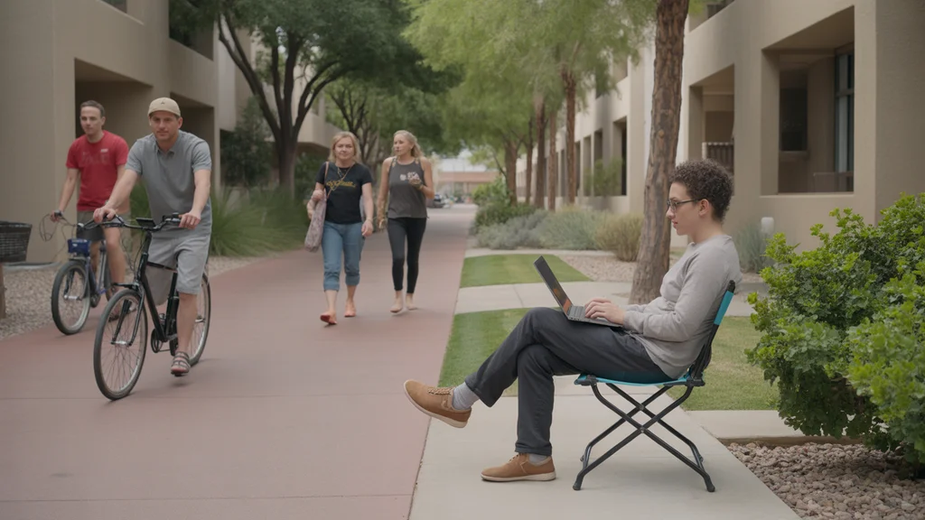 A Tempe resident works outdoors at their apartment, surrounded by active neighbors