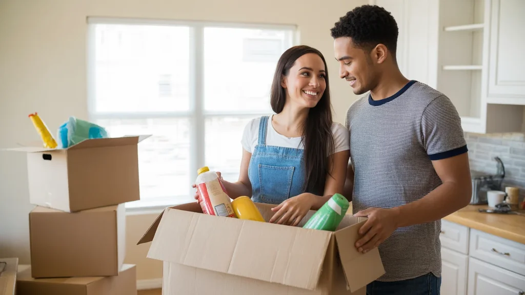 Couple unpacking groceries in new Chandler apartment kitchen