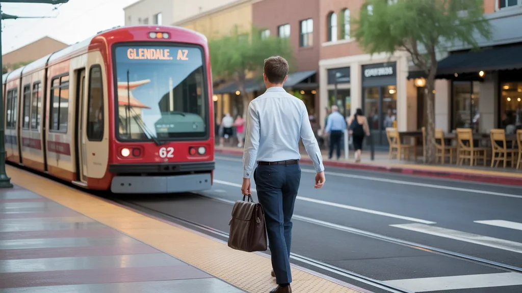Young man exiting light rail train in walkable Glendale neighborhood
