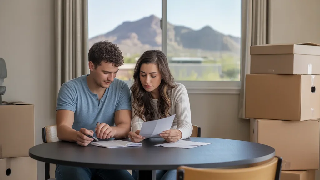 Couple budgeting in their new Scottsdale apartment with mountain view and moving boxes