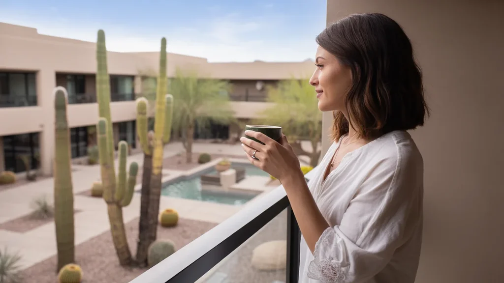 Woman drinking coffee on apartment balcony in Queen Creek, AZ