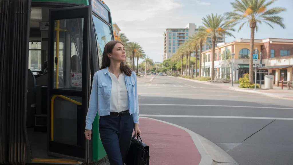 A woman commutes by bus to work in walkable downtown Peoria, AZ