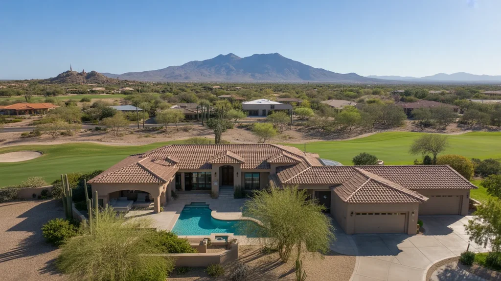 Aerial view of upscale Scottsdale home with mountain views