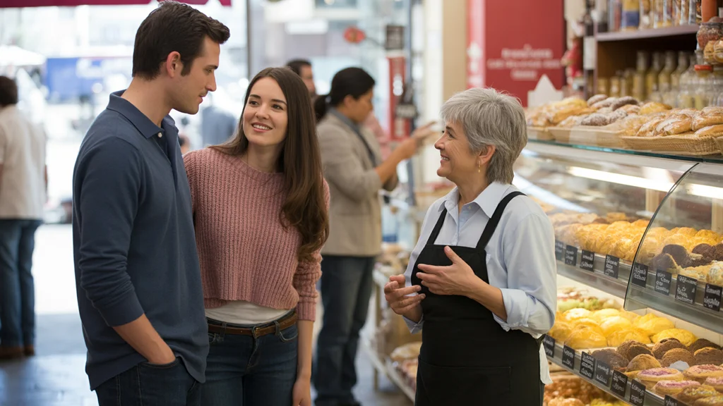 A couple interacts with a local business owner inside a lively bakery in Mesa, Arizona