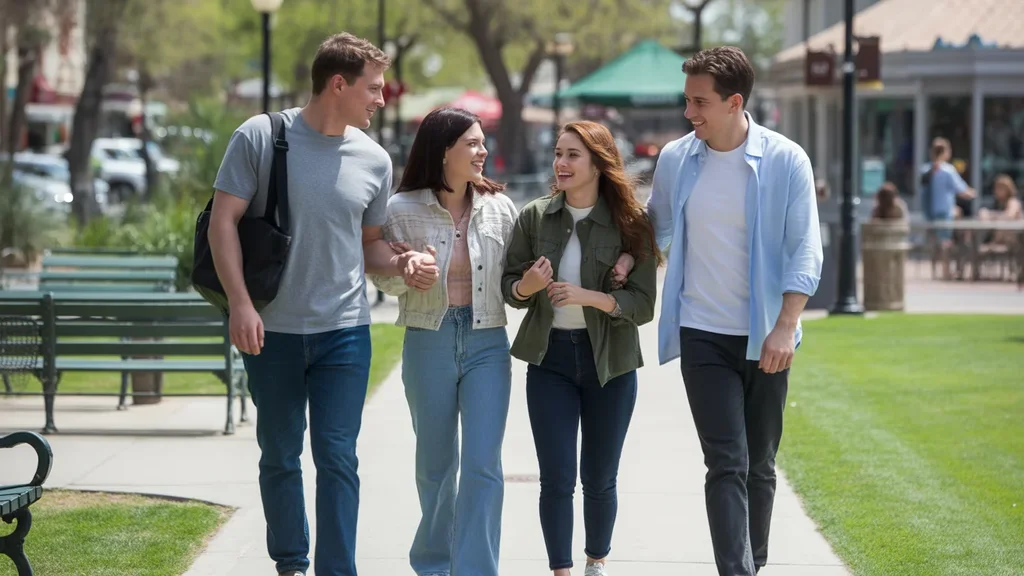 Friends take a walk together through a park in Mesa, Arizona on a nice day