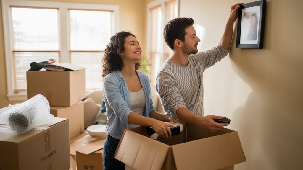 Couple unpacking in their new Chandler, AZ apartment on moving day