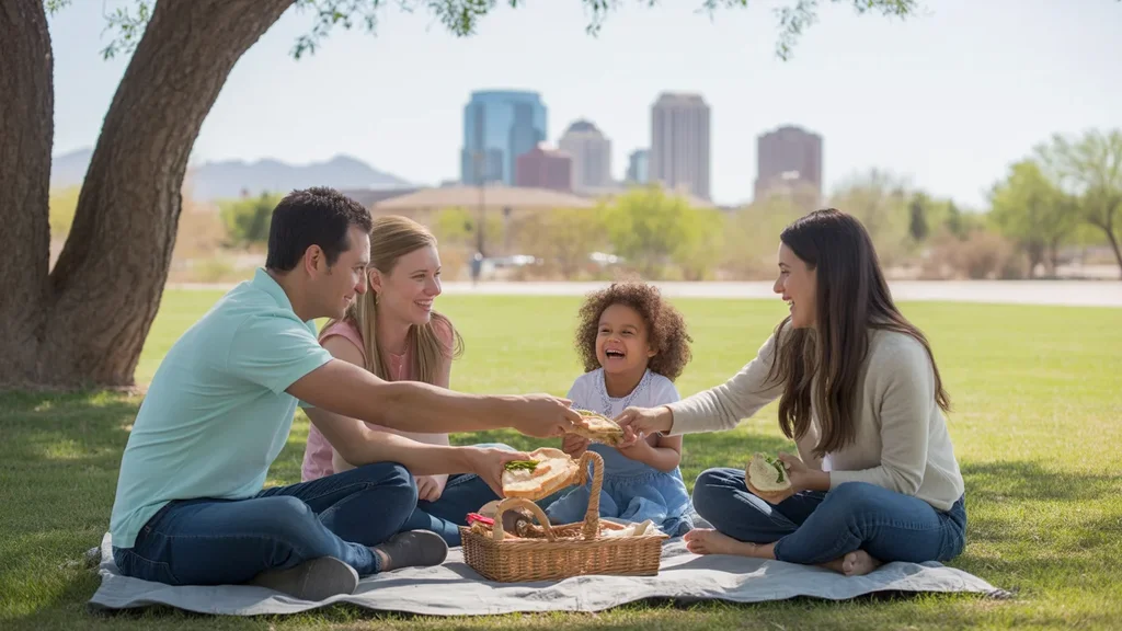 Family having a picnic together at a park in Mesa, AZ