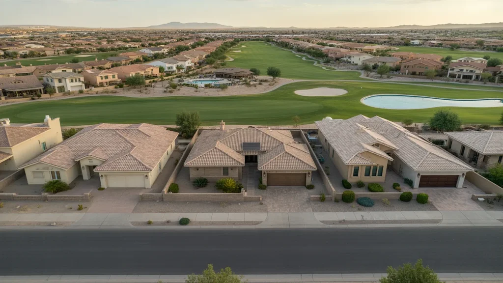 Aerial view of planned community with golf course in Goodyear, Arizona