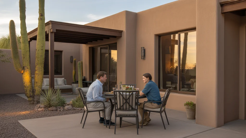 Couple dining on patio of Queen Creek home at sunset