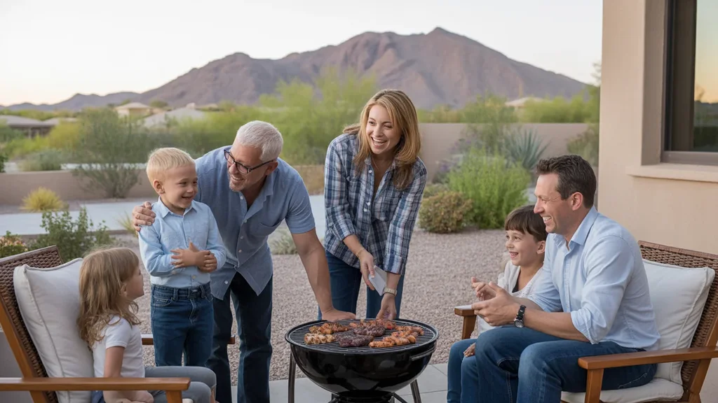 Family having backyard barbecue at Buckeye home with mountain view