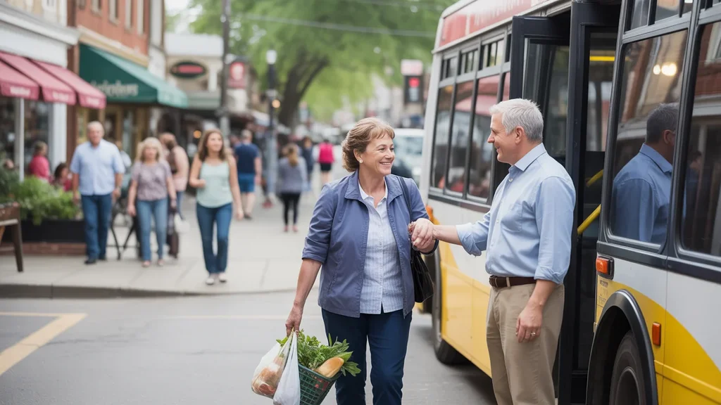 Woman exiting a bus with groceries in Avondale