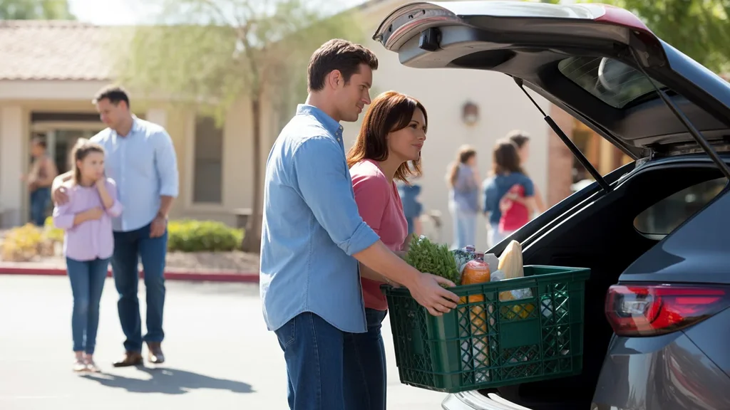 Couple unloading groceries from car in Chandler, AZ