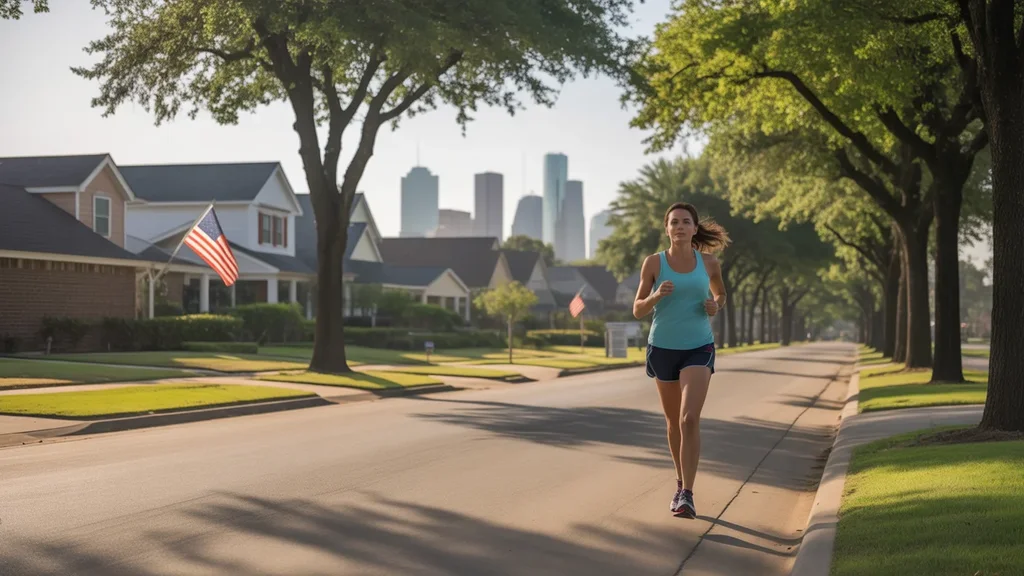 Woman jogging through a peaceful residential neighborhood in Pearland, Texas