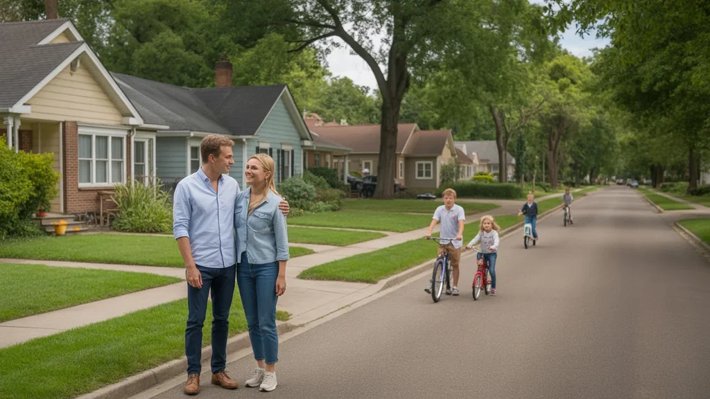 Neighbors chatting outside their homes in a pleasant Hermitage suburb