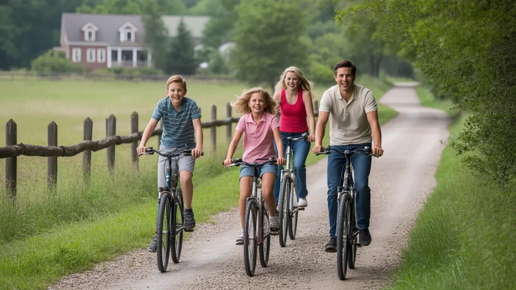 Family biking on tree-lined trail in Georgetown KY on a sunny day