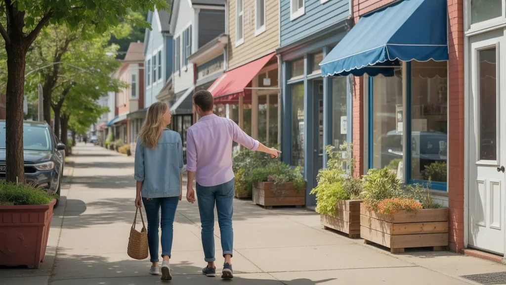Friends strolling down a walkable mixed-use street in Gresham