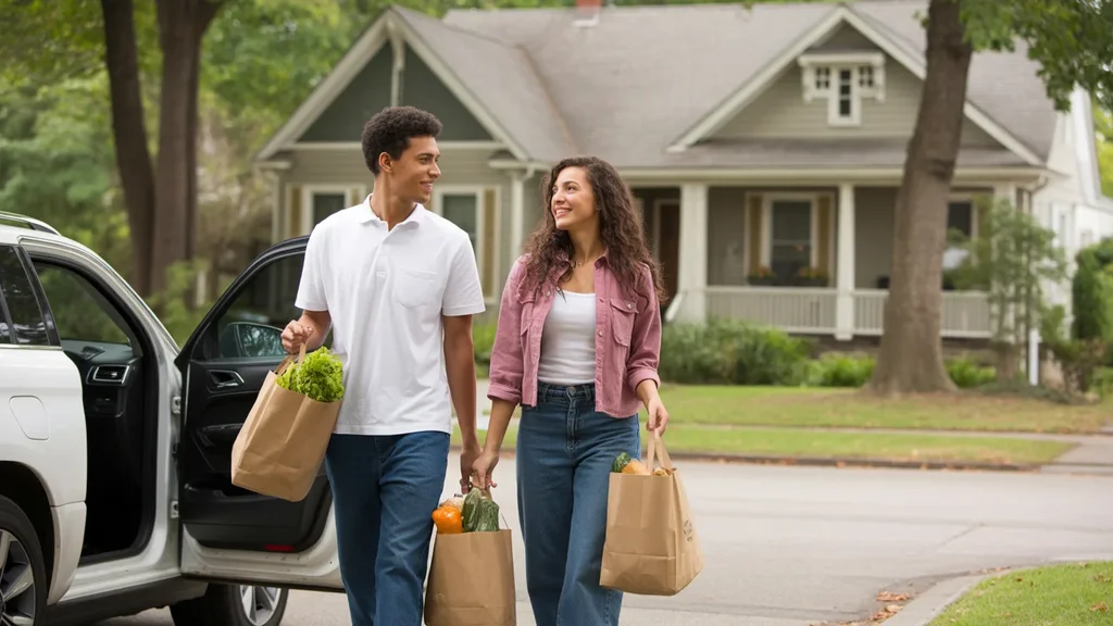 Couple carries affordable groceries from their car to their charming Hermitage home.