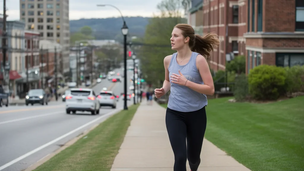 A jogger pauses on a Chapel Hill sidewalk with an urban skyline in the distance