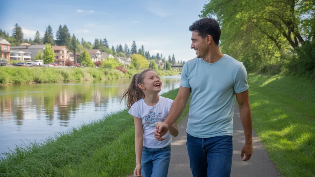 Father and daughter enjoying a walk along the Tualatin River Greenway