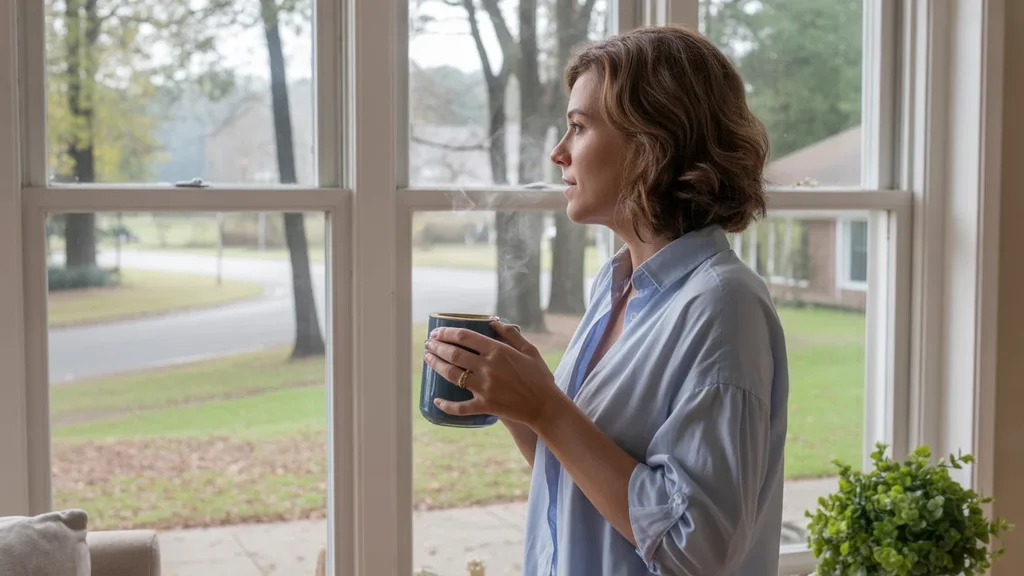 Woman enjoys coffee by window of tranquil Apex, NC home