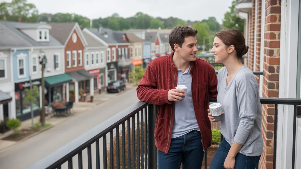 A couple enjoying coffee on their Madison townhome balcony, with a vibrant mix of housing visible nearby.