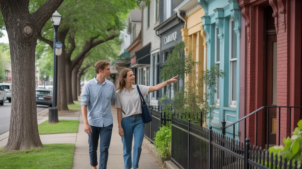 Friends walking down a mixed-use street in a Lakewood neighborhood