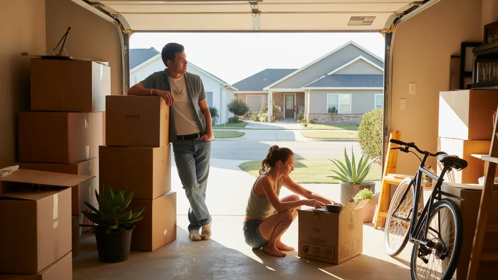 Couple unpacking moving boxes in garage of new home in New Braunfels, TX suburb
