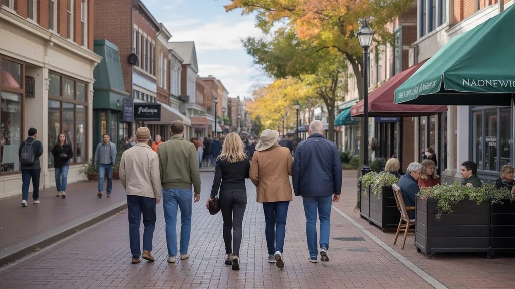 Shoppers on busy downtown street in Naperville Illinois with upscale stores