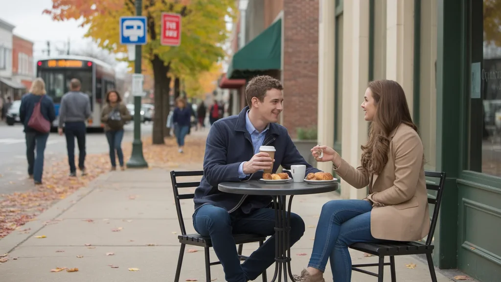 A couple has coffee at an outdoor cafe in walkable downtown Antioch, TN