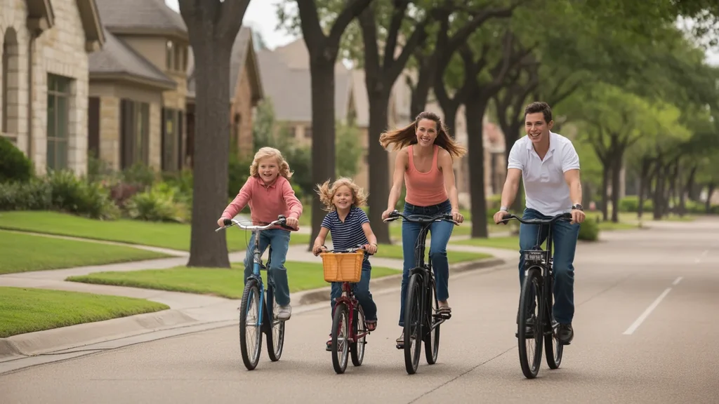 Family bikes through upscale McKinney neighborhood on sunny morning
