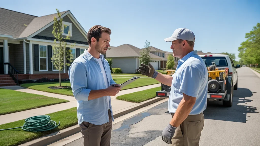 Homeowner discussing yard maintenance fees with landscaper outside suburban home in Shively, KY