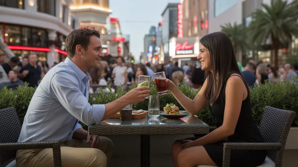 A couple dines on an upscale Las Vegas patio at dusk with neon lights and crowds in the background.