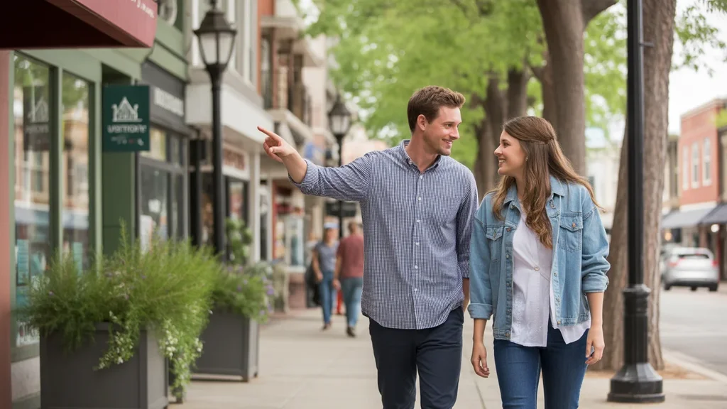 Friends enjoy the walkable charm of Westminster's shops and homes