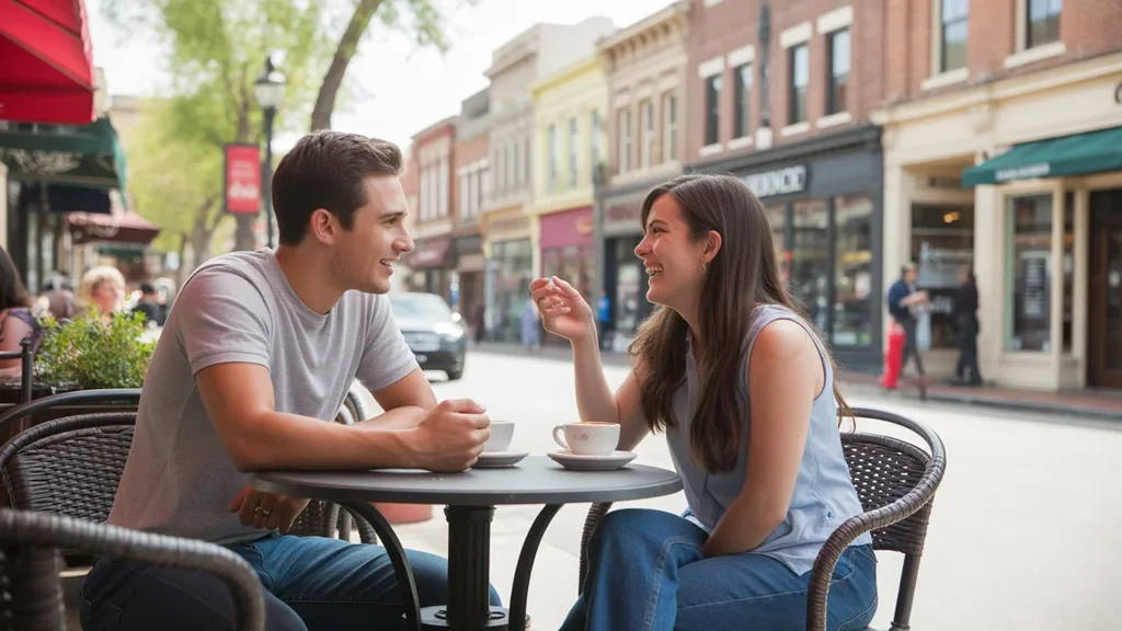 A couple enjoying coffee on a lively cafe patio in downtown San Bernardino.