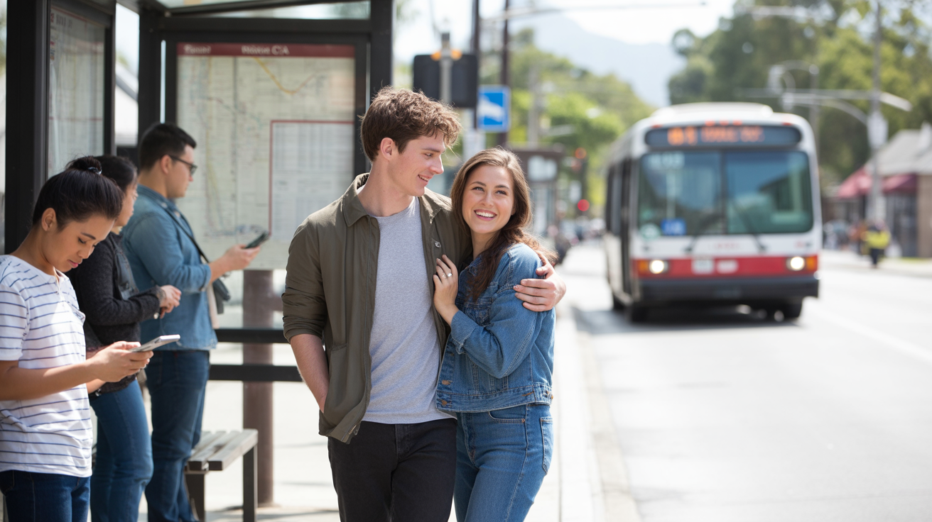 A couple waiting for the bus together in Westminster, California