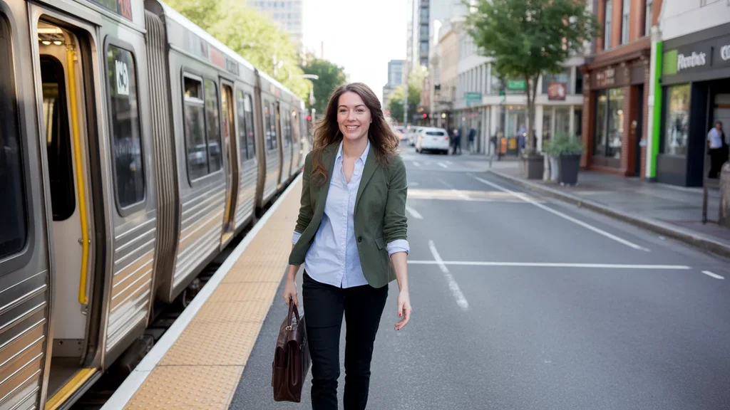 Woman commuting by MAX train in Portland