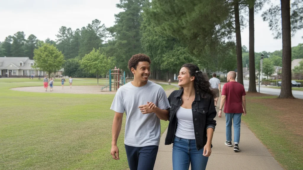 Friends taking a walk and talking in a public park in Marietta