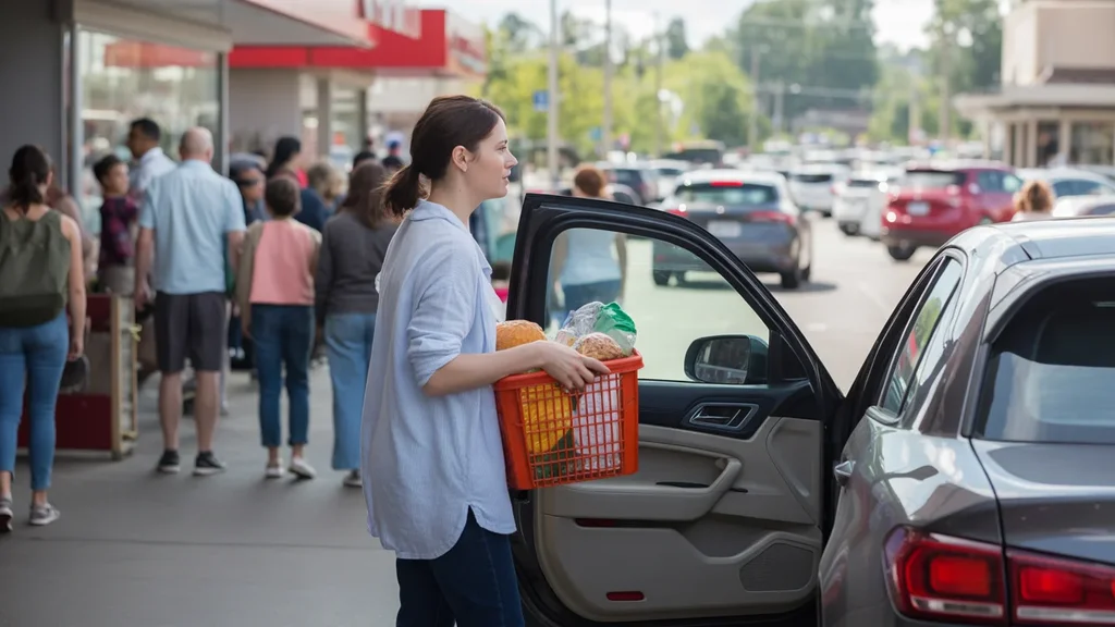 Woman loads affordable groceries in Aurora, CO as shoppers bustle through parking lot