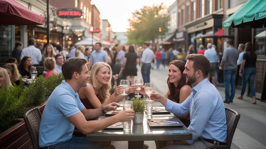 Friends dining on restaurant patio in downtown Smyrna, Georgia at sunset