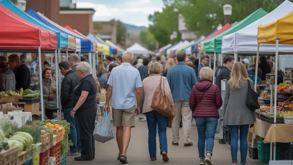 Busy outdoor farmers market scene in Aurora, Colorado